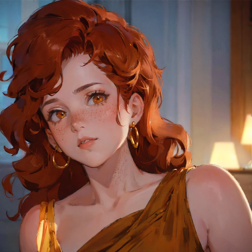 close-up shot of an adult woman, with curly red hair, simmetric (amber) eyes, (freckles), glossy lips, gold earrings, beautiful lights, iper-realistic, masterpiece, cinematic lighting, best quality, anatomically perfect.