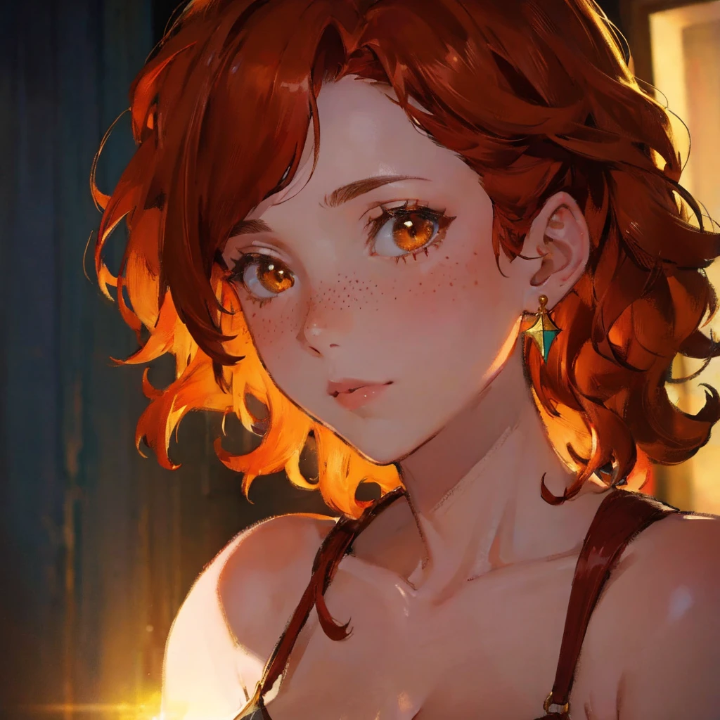 close-up shot of an adult woman, with curly red hair, simmetric (amber) eyes, (freckles), glossy lips, gold earrings, beautiful lights, iper-realistic, masterpiece, cinematic lighting, best quality, anatomically perfect.