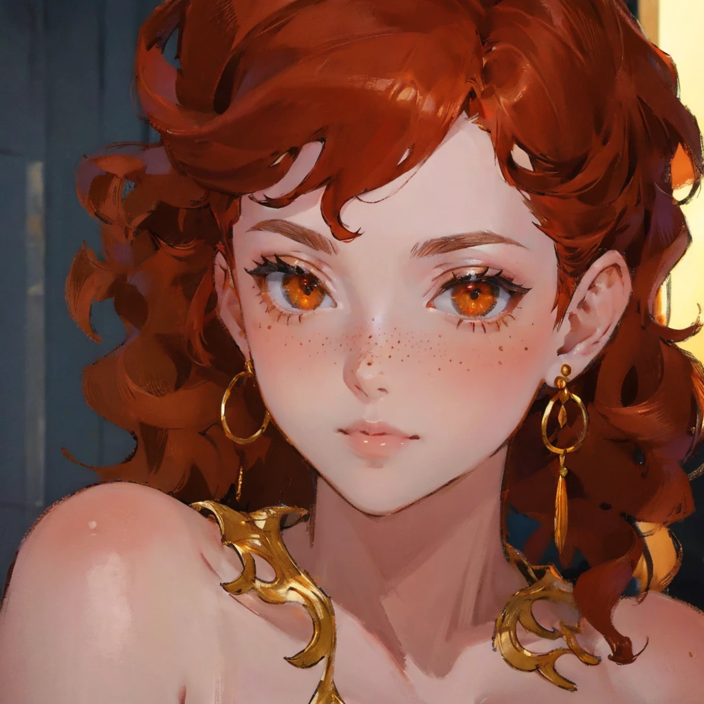 close-up shot of an adult woman, with curly red hair, simmetric (amber) eyes, (freckles), glossy lips, gold earrings, beautiful lights, iper-realistic, masterpiece, cinematic lighting, best quality, anatomically perfect.