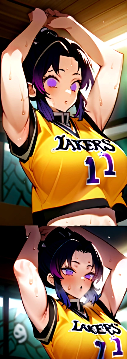 Close-up of a person in a basketball uniform, picture, Inspired by Kentaro Miura, Topics on pixiv, Shinobu Kochou, Demon slayer, Kimetsu no Yaiba, Wearing a yellow NBA jersey, yellow Crop top nba jersey, wearing a low cut Crop top, wearing Crop top, Crop top, written "Lakers" on the Crop top, Golden Light, (Wink), shirobako, big)}], Favorite scene, Fine details. anime. skin, sweating, Big Breasts, Hands raised, Underarm, Underarm visible, Sweat dripping, Sweat more, sweaty Underarm