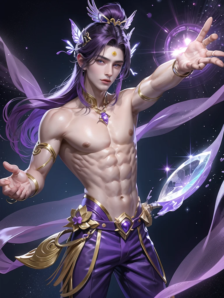 boy,1 person,Handsome and beautiful face,purple eyes,purple hair,shiny surface,thin muscular body,Wearing a purple ancient outfit,Butterfly hair ornament,Hand holding sparkling purple lotus flower
ฉากหลัง,There are trees and butterflies all around.,Hand holding sparkling purple lotus flower,There was a purple magic ring around him.