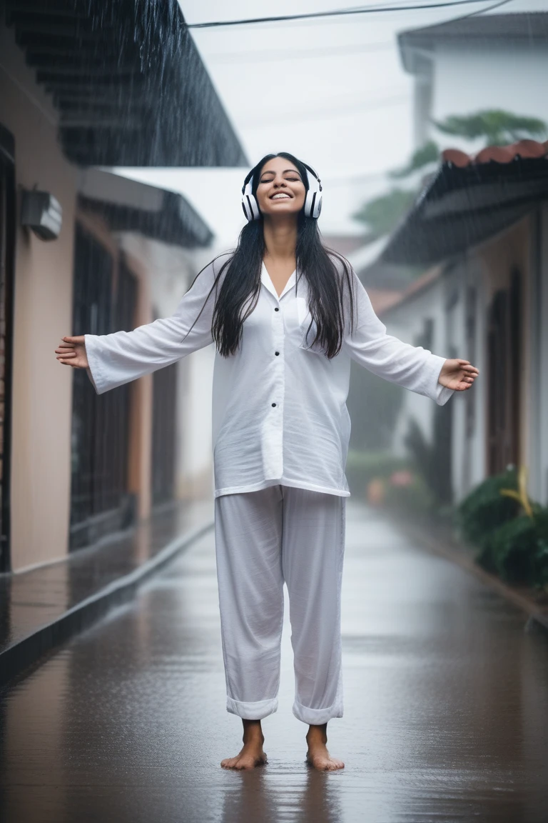 full body wide angle shot of a latina girl, long dark loosen straight hair, with white headphones and white pijamas standing outside of her house on the street while raining, opening her arms feeling the rain happy, photo from far away