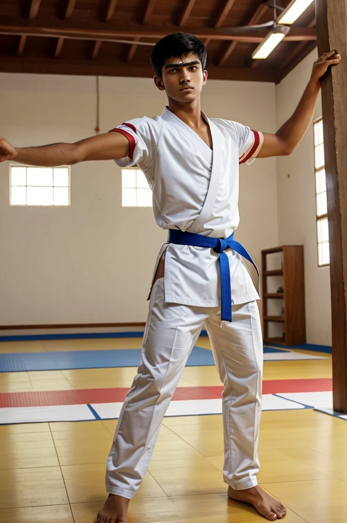A 18 year old indian boy in karate uniform standing in a karate academy