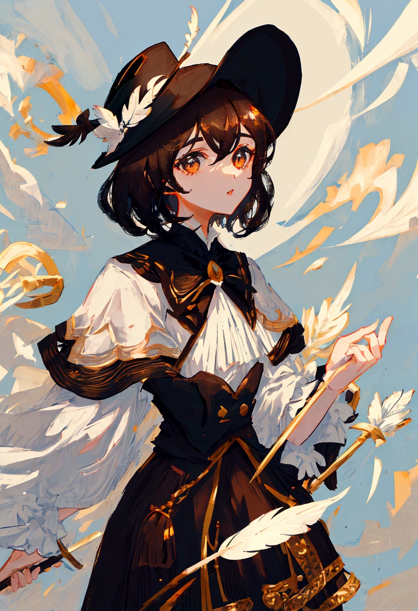 Girl,short hair,black cavalier hat with a white feather,black capelet,holding a cane