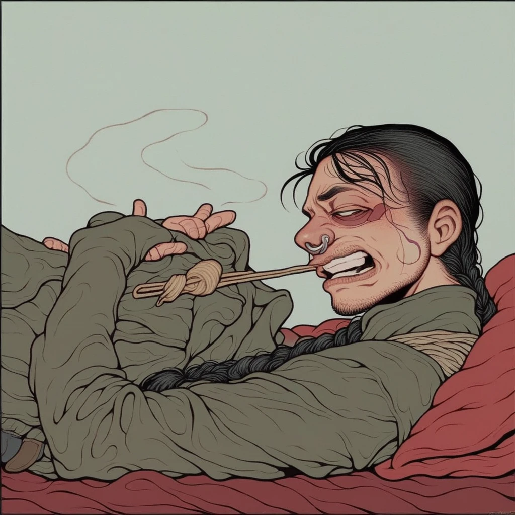 girl similar to gorillaz noodles, braided black hair, ((anime girl nose)), shabby clothes, leaning against an old jeep, rusty and modified with parts from other cars, and a machine gun fixed to the jeep's bed, cyberpunk image
