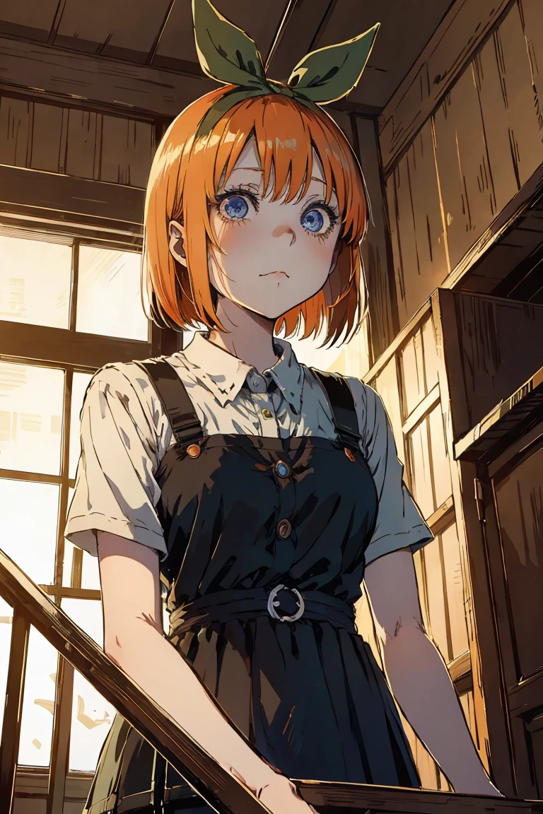 Yotsuba nakano, comind down the stairs, looking down,, yotsuba going downstairs, surrounded by creepy stuff,  (1 girl, solo, alone), , sfw, nakano_yotsuba, blue eyes, indigo eyes, aayotsuba, short orange hair, yotsuba from The Quintessential Quintuplets, masterpiece, 4k, ultradetailed, cowboy shot, short orange hair, green ribbon, hair ribbon, blue eyes, innocent, pure, tender, by junji ito, creepy, dark