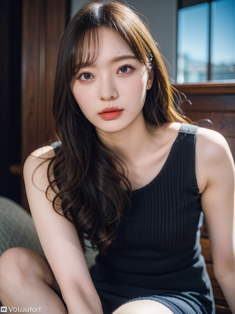 1girl, woman, masterpiece, best quality, highest quality, cinematic lighting, (volumetric lighting), extremely detailed CG unity 8k wallpaper, focused, 8k wallpaper, extremely detailed, ultra realistic, photorealistic, sharp focus, absurdres, (HDR:1.2), (high contrast), photograph, detailed and intricate, instagram, portrait, highly detailed, digital painting, artstation, concept art, smooth, sharp focus, illustration, cinematic lighting, (natural big breast), black short skirt, eyes looking at the viewer, (very skinny legs), ((slender body)), skinny, ((Height 168cm)), (HQ skin: 1.4, Realistic human body structure), ((sitting and clasp knees)).