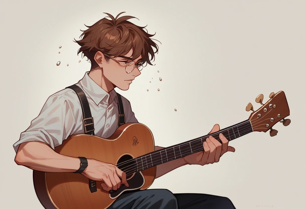 MSE Painting《Man wearing glasses》，author：Agnes Cecil, Bright design, Soft colors, Ink droplets, Autumn Light, Holding the guitar, Acoustic guitar, Side view
