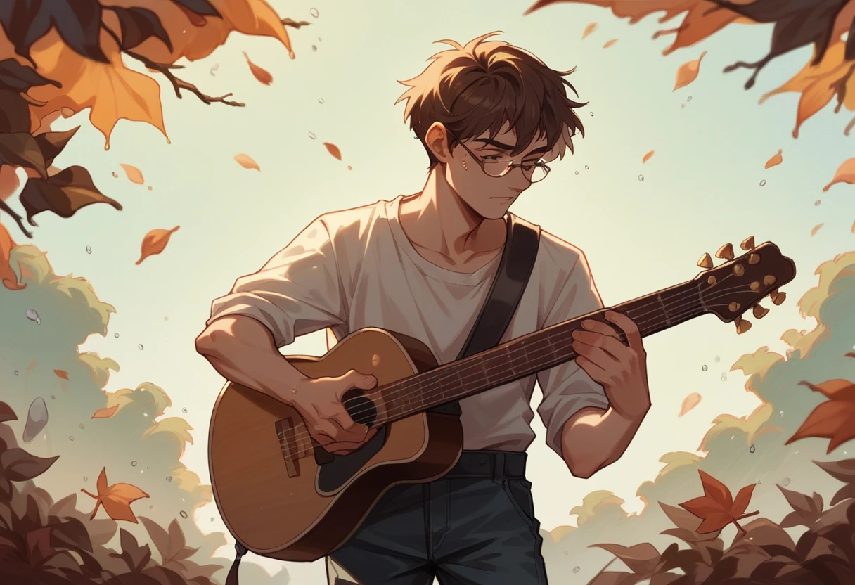 MSE Painting《Man wearing glasses》,author:Agnes Cecil, Bright design, Soft colors, Ink droplets, Autumn Light, Holding the guitar, Acoustic guitar, Side view
