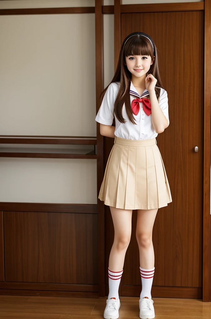 Anime high-school girl, brown hair, wearing sailor japanese uniform, full body