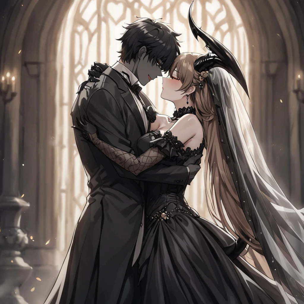 ((Highest quality)), ((masterpiece)), (detailed), （Perfect Face）、The woman is a sexy devil with jet black skin、The woman is a jet-black female demon with magnificent devil horns, jet-black devil wings, and a jet-black tail. Her skin is jet-black, and she is wearing a luxurious black Gothic Victorian wedding dress and a black wedding veil. She is embracing the dignified and powerful Great Demon King, kissing him in oath, and getting married to him. She is the jet-black demon Princess Leona, with medium-long light brown hair, a demon in both body and mind, and has the expression of a maiden in love.、The man is a dignified and powerful demon king, embracing the woman and kissing her in a wedding ceremony.