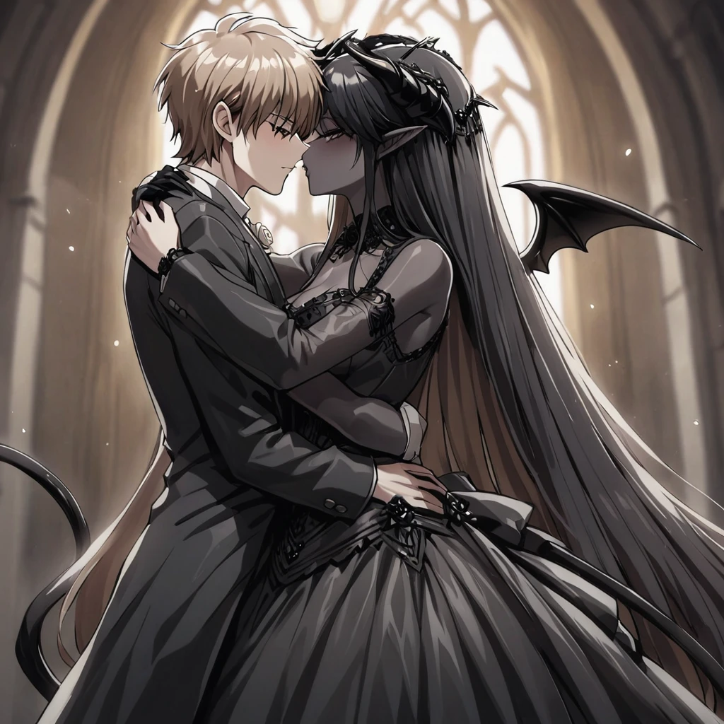((Highest quality)), ((masterpiece)), (detailed), （Perfect Face）、The woman is a sexy devil with jet black skin、The woman is a jet-black female demon with magnificent devil horns, jet-black devil wings, and a jet-black tail. Her skin is jet-black, and she is wearing a luxurious black Gothic Victorian wedding dress and a black wedding veil. She is embracing the dignified and powerful Great Demon King, kissing him in oath, and getting married to him. She is the jet-black demon Princess Leona, with medium-long light brown hair, a demon in both body and mind, and has the expression of a maiden in love.、The man is a dignified and powerful demon king, embracing the woman and kissing her in a wedding ceremony.