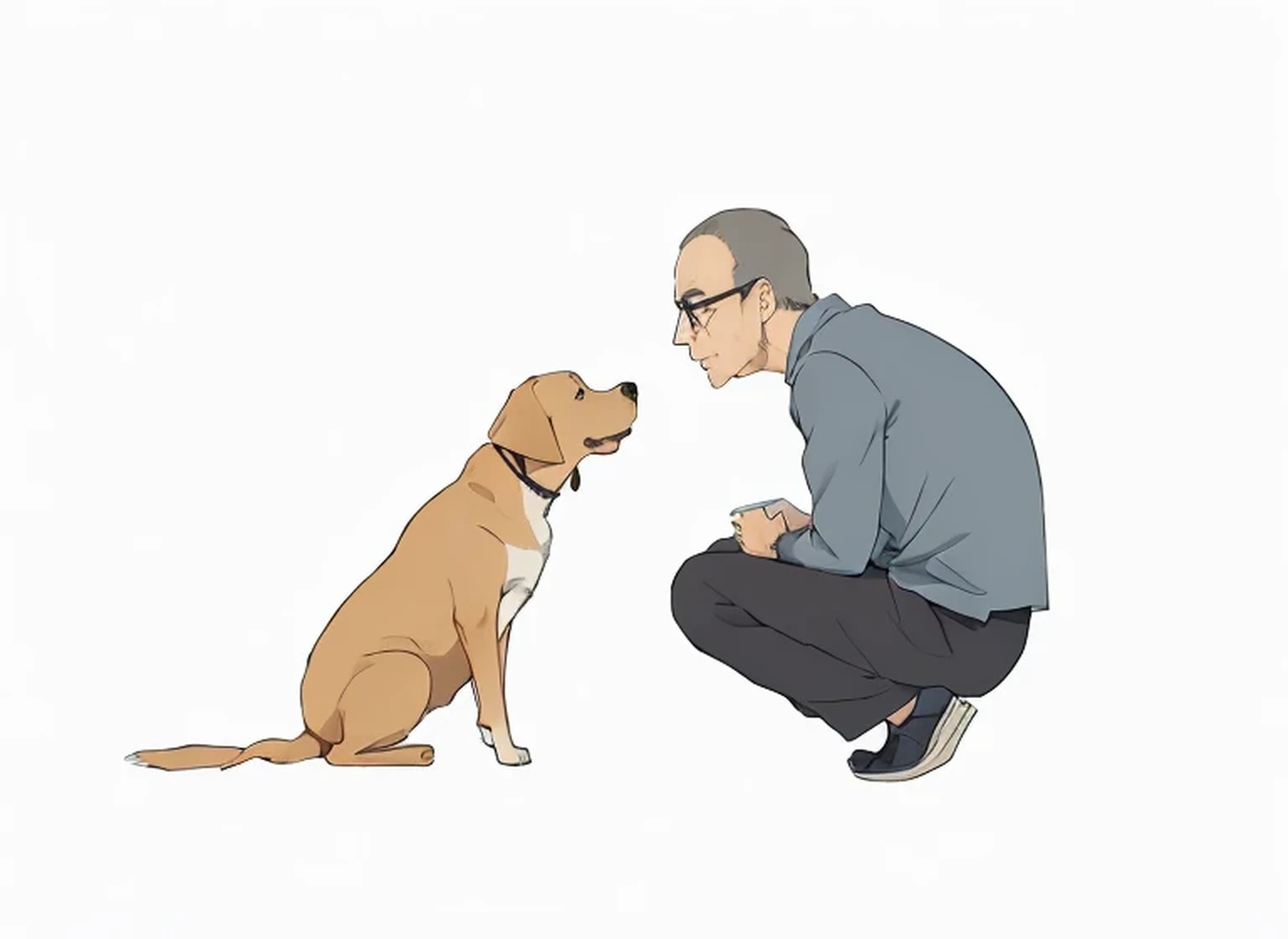 Man and dog facing each other。Labrador Retriever。Long sleeve shirt。A dog and a man are sitting side by side
