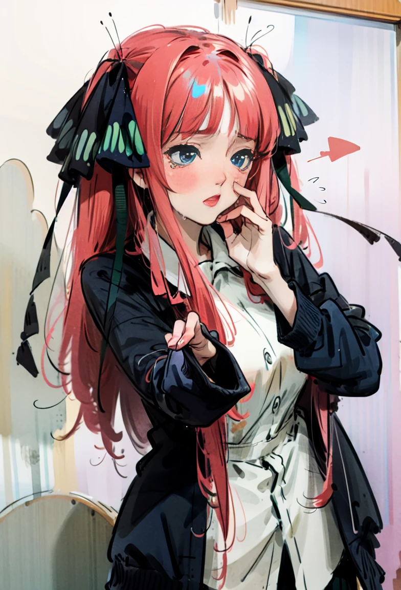 , Nino Nakano, long pink braided hair, hair  ribbons,, 4k, extremely fine illustration, cowboy shot, tears, makeup ruined, sfw, crying, dynamic pose, interesting pose, expressive face,  close shot,