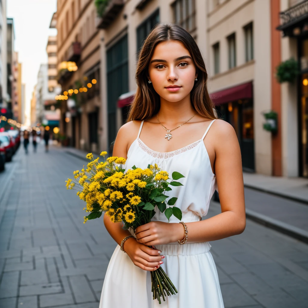19 year old woman, beautiful, with bracelet on her right wrist, holding several flowers in her right hand, cinematographic street background, realistic, high quality, busy, staring at the camera, 8k