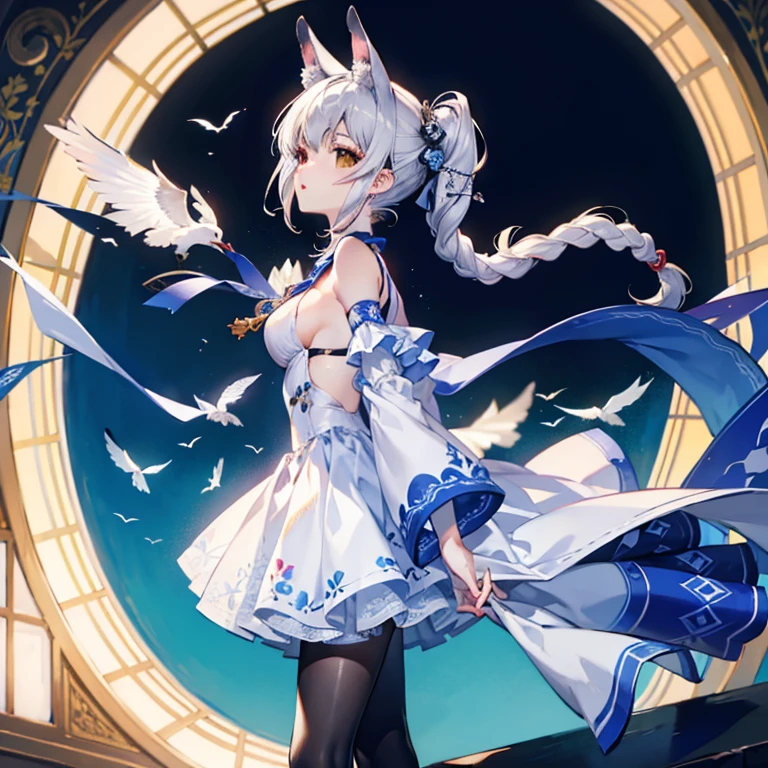 Masterpiece, Best quality, High quality, 1girll,Solo, Male focus, view the viewer, White horse ears,White single ponytail with a long braid,yellow eyes,JK ,Absolute realm,facing to audience,medium boob,conservativelydressed,The upper part of the body,From the side Side,black lence stockings,Harnes,tiese,Casual style,idyllic,Hanfu,Ears stand upright