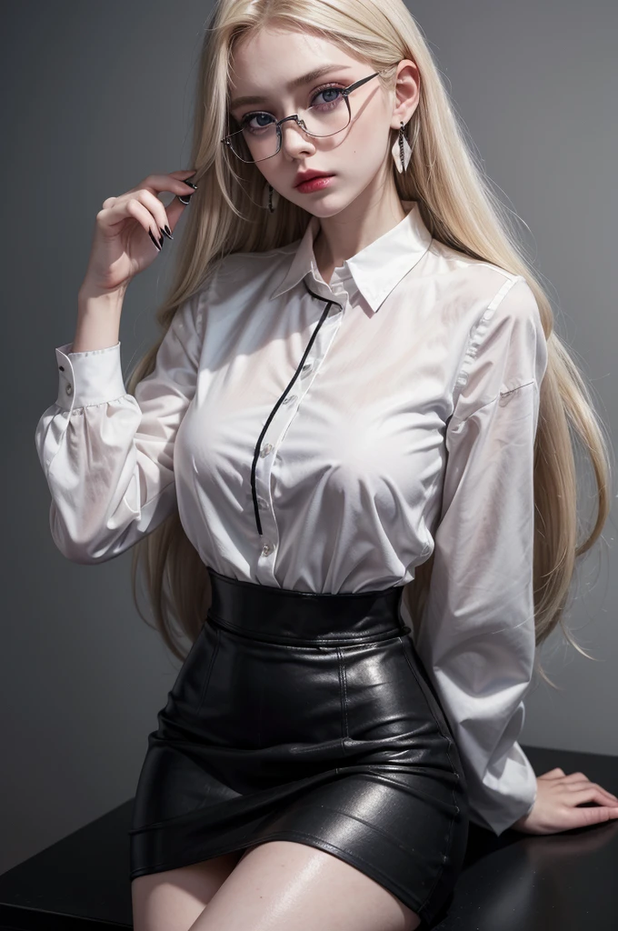 full frame photo of a beautiful young girl with long blonde platinum hair, wearing white office shirt and black cloth skirt, earrings, black eyeliner, sharp jawline, small nose, long lack nails, cute face, black glasses, perfect skin, white pale skin, black mascara, dark red lipstick, hourglass figure, blue eyes, big breasts under shirt