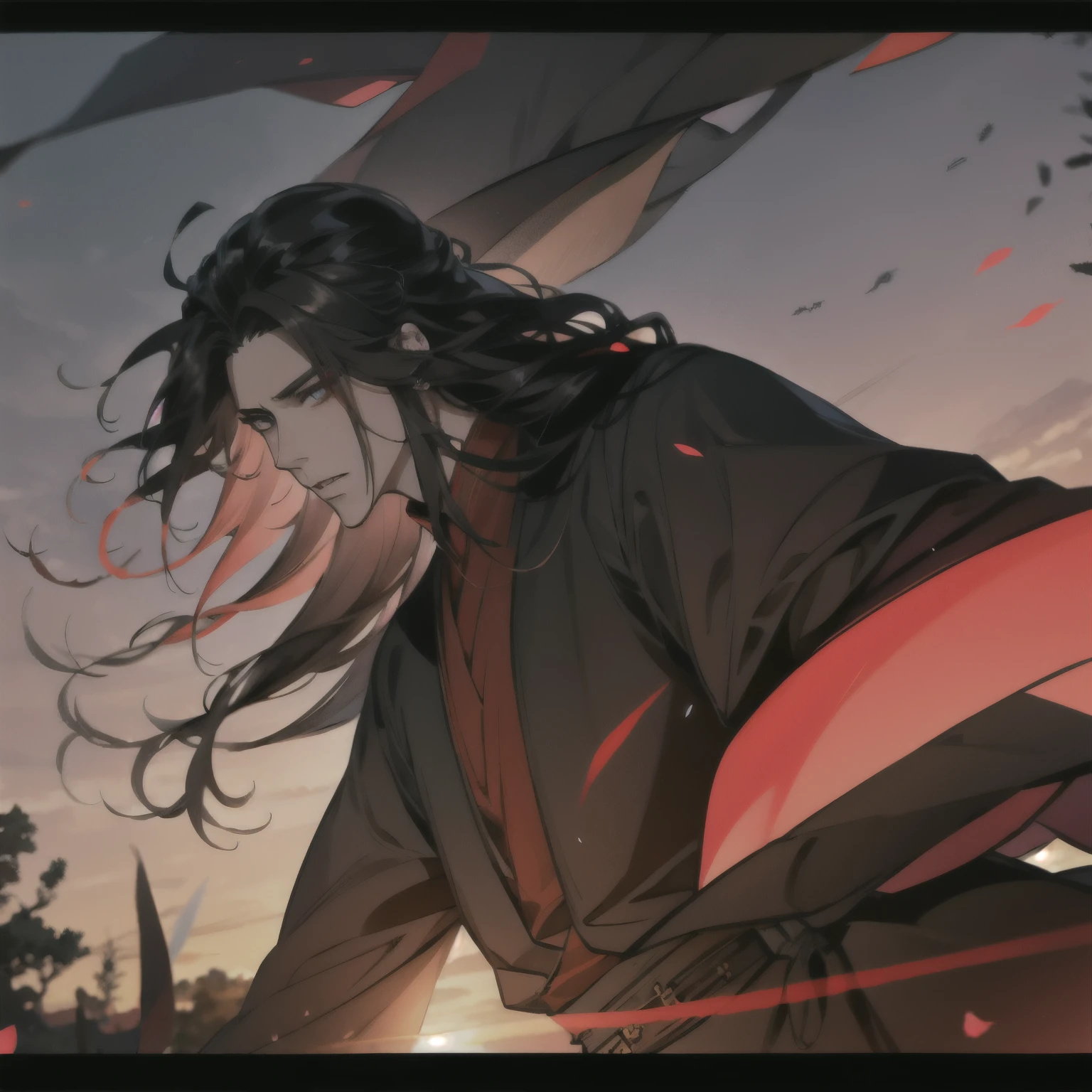 (masterpiece, best quality:1.2), 1male, solo, wei wuxian, mo dao zu shi, mdzs, black clothes, grey eyes, long black hair, perfect anatomy, full body, Acacia flowers