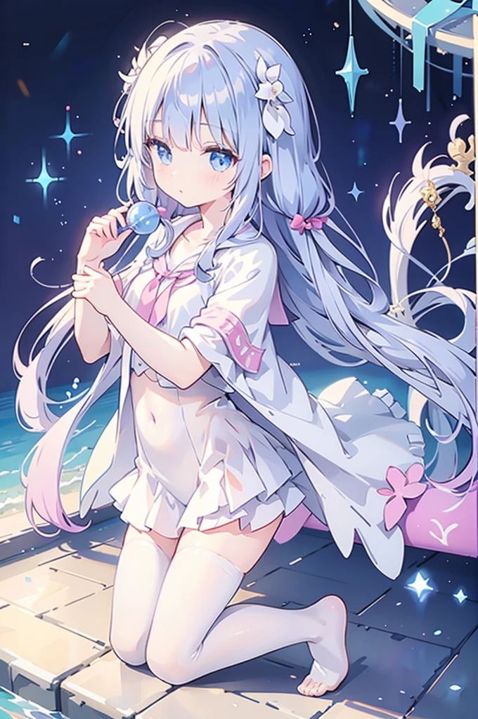 A magical girl with a mermaid motif、Highest quality、Loriータ、Confused eyes、Primary school students、small、Lori、Young Girl、Water Manipulation Magic、Magical girl who controls water、beautiful girl、cute、Full-body portrait、light blue、Have a koto、Playing the lyre、Clear eyes、pose、Magic Exercises