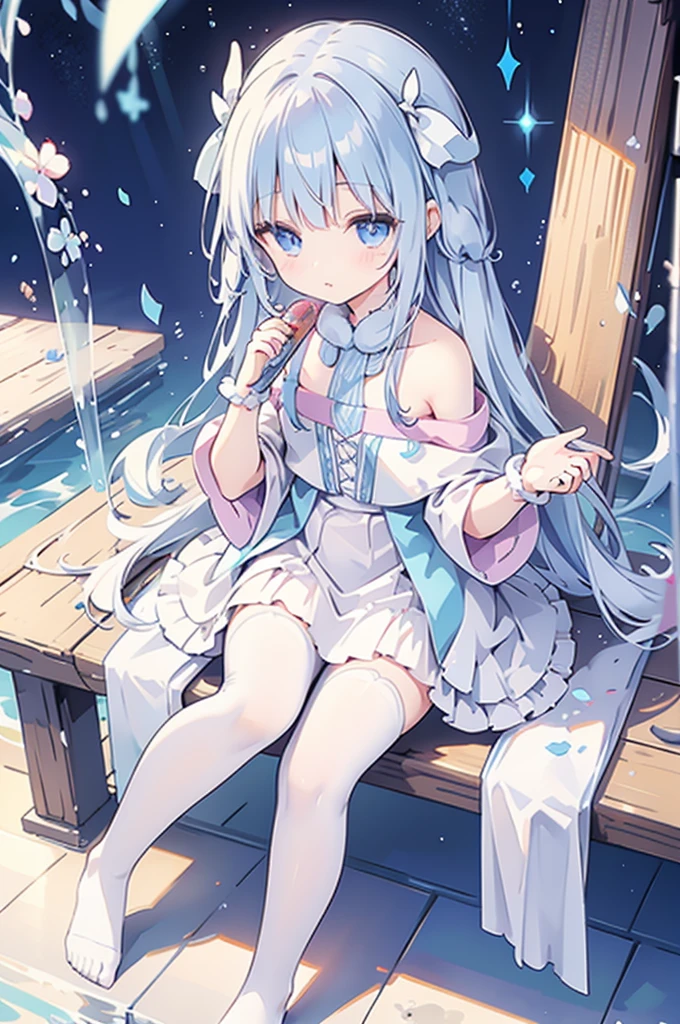 A magical girl with a mermaid motif、Highest quality、Loriータ、Confused eyes、Primary school students、small、Lori、Young Girl、Water Manipulation Magic、Magical girl who controls water、beautiful girl、cute、Full-body portrait、light blue、Have a koto、Playing the lyre、Clear eyes、pose、Magic Exercises