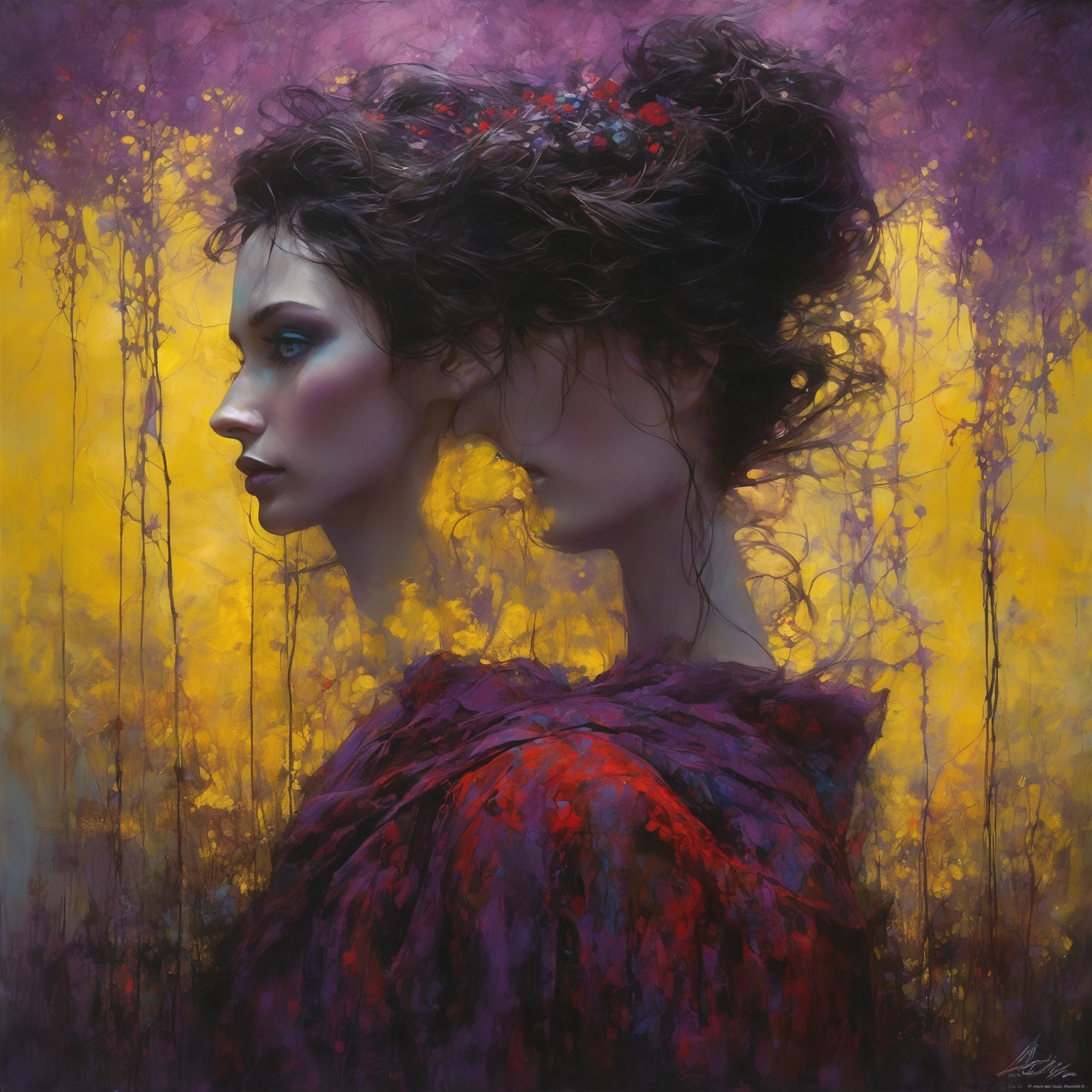 Beautiful woman: woman 30 years old. Style by Zdzislaw Beksinski, purple colors brightly illuminated by thousands of colored crystals, big turquoise eyes, perfect eyes, top quality style from Ralph Blakelock, Ed Emshwiller, Marianne Wroten, Arthur Rackham, Niko Antitila. Yellow and Red are standing next to each other.Beautiful cinematic impressionistic painting, Dark dramatic character, in the style of Jeremy Mann and Charles Dana Gibson, Mark Demsteader, Paul Hadley + concept art, Spring, Very beautiful, gouache, cinematic, calligraphic lines. Dark, creepy, mysterious, modern vintage, rich deep colors, boho style,beautiful patterns, illustrations in a fashionable style. hyperrealistic photography, --niji 5 --ar 2:3 --expressive style --v 5.