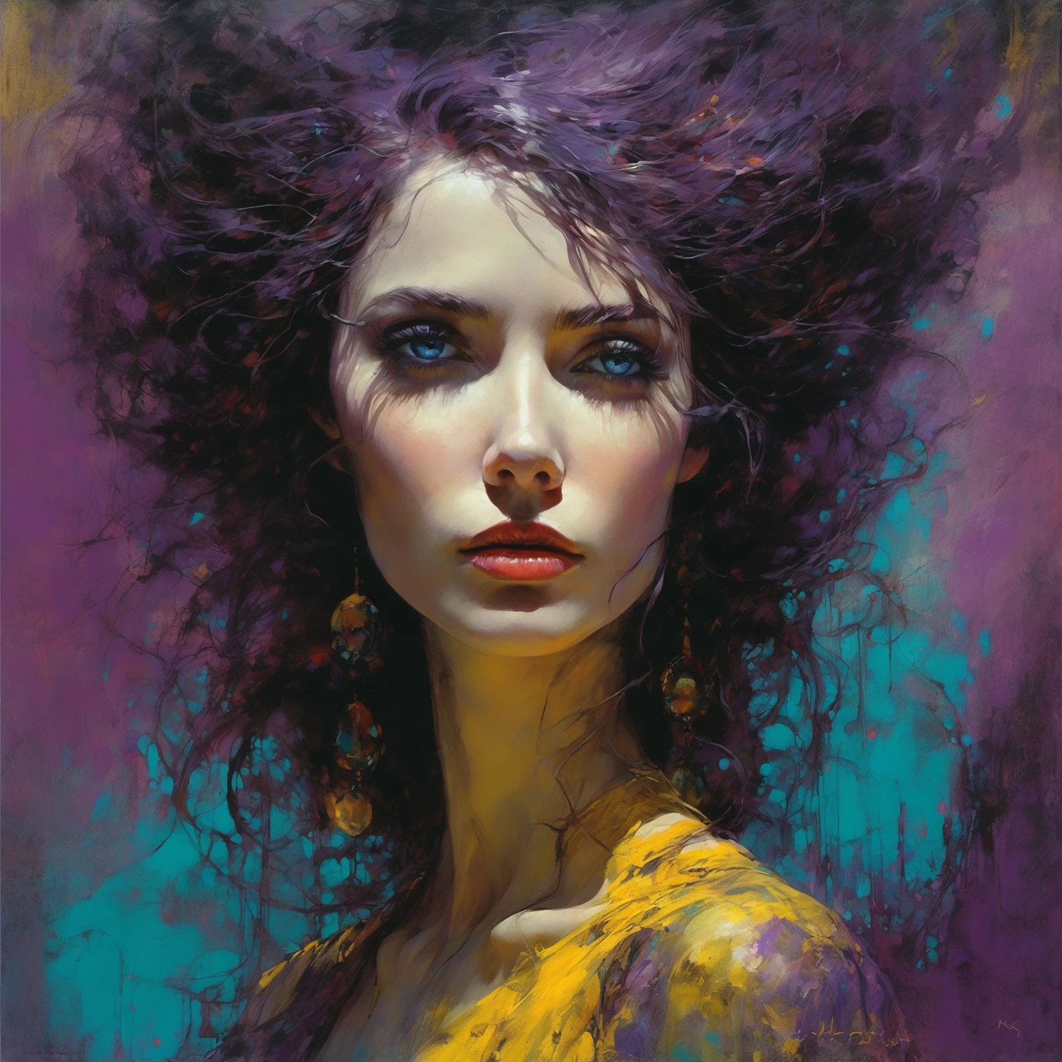 Beautiful woman: woman 30 years old. Style by Zdzislaw Beksinski, purple colors brightly illuminated by thousands of colored crystals, big turquoise eyes, perfect eyes, top quality style from Ralph Blakelock, Ed Emshwiller, Marianne Wroten, Arthur Rackham, Niko Antitila. Yellow and Red are standing next to each other.Beautiful cinematic impressionistic painting, Dark dramatic character, in the style of Jeremy Mann and Charles Dana Gibson, Mark Demsteader, Paul Hadley + concept art, Spring, Very beautiful, gouache, cinematic, calligraphic lines. Dark, creepy, mysterious, modern vintage, rich deep colors, boho style,beautiful patterns, illustrations in a fashionable style. hyperrealistic photography, --niji 5 --ar 2:3 --expressive style --v 5.