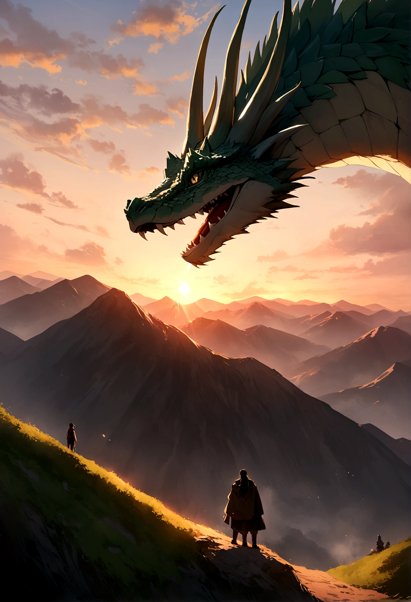 A majestic dragon green coloured with scales looking very realistic watching a tiny human at top of the mountain during a sunset. All this in a cinematic view