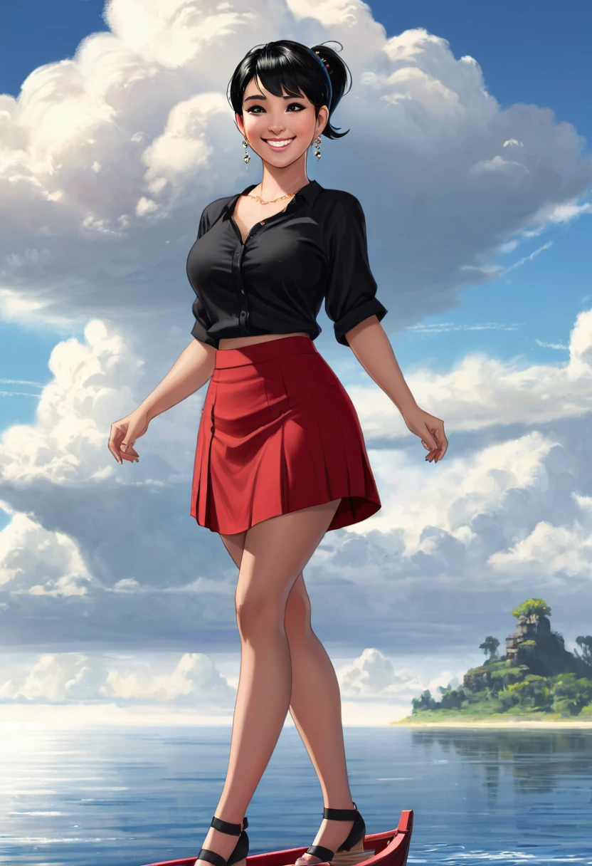 OliveOyl, short black hair with ponytail, black eyes, solo, upper body ,
red shirt , black long skirt, small earrings,
standing, hips,
smiling, waterboat, sunny, clouds,
(insanely detailed, beautiful detailed face, masterpiece, best quality)