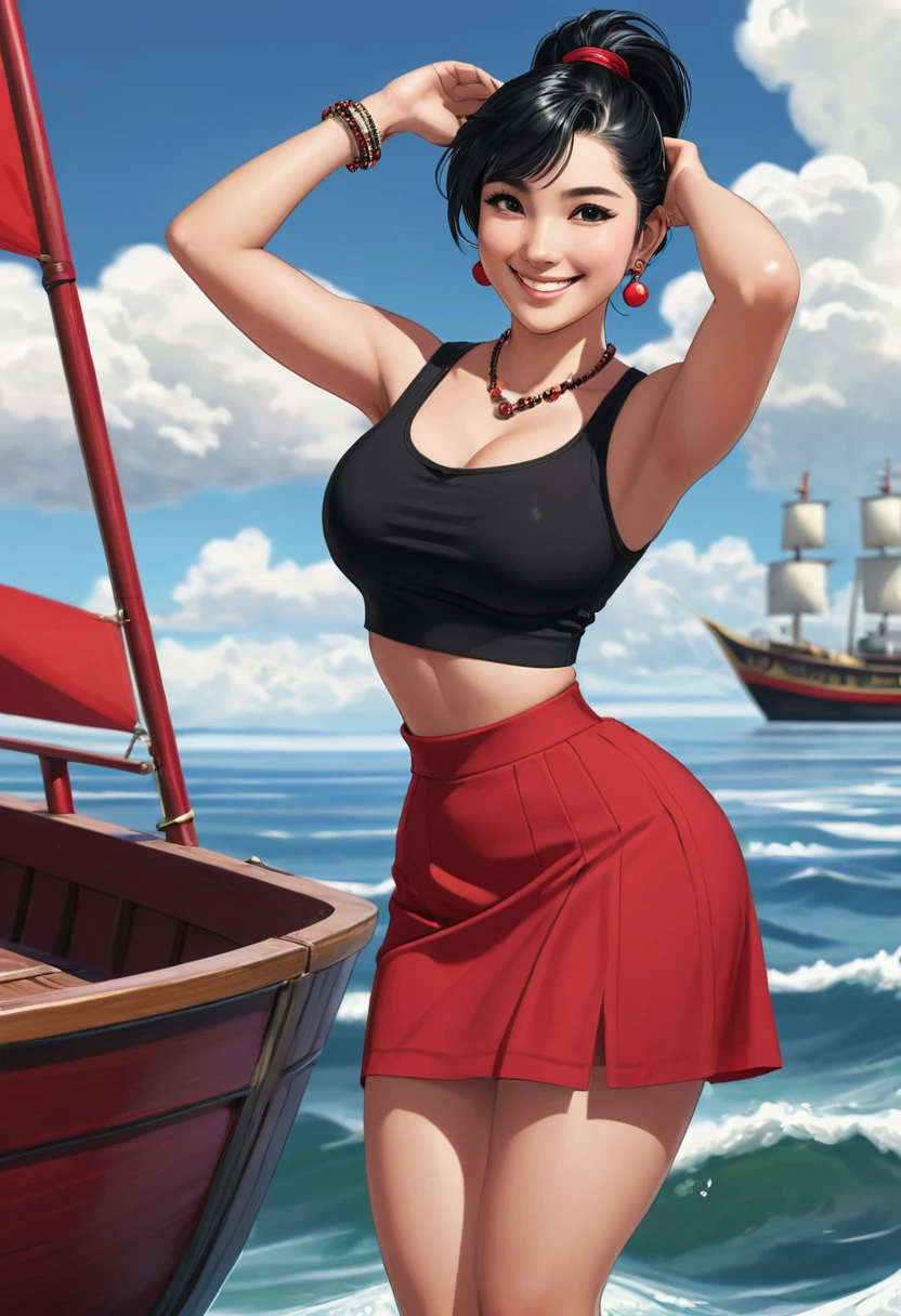OliveOyl, short black hair with ponytail, black eyes, solo, upper body ,
red shirt , black long skirt, small earrings,
standing,    hips, 
smiling, waterboat,  sunny, clouds,
 (insanely detailed, beautiful detailed face, masterpiece, best quality)
 