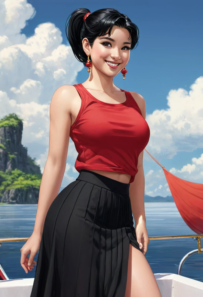 OliveOyl, short black hair with ponytail, black eyes, solo, upper body ,
red shirt , black long skirt, small earrings,
standing, hips,
smiling, waterboat, sunny, clouds,
(insanely detailed, beautiful detailed face, masterpiece, best quality)