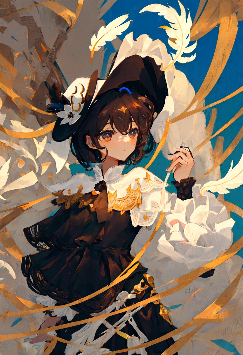 Girl,short hair,black cavalier hat with a white feather,black capelet,holding a cane
