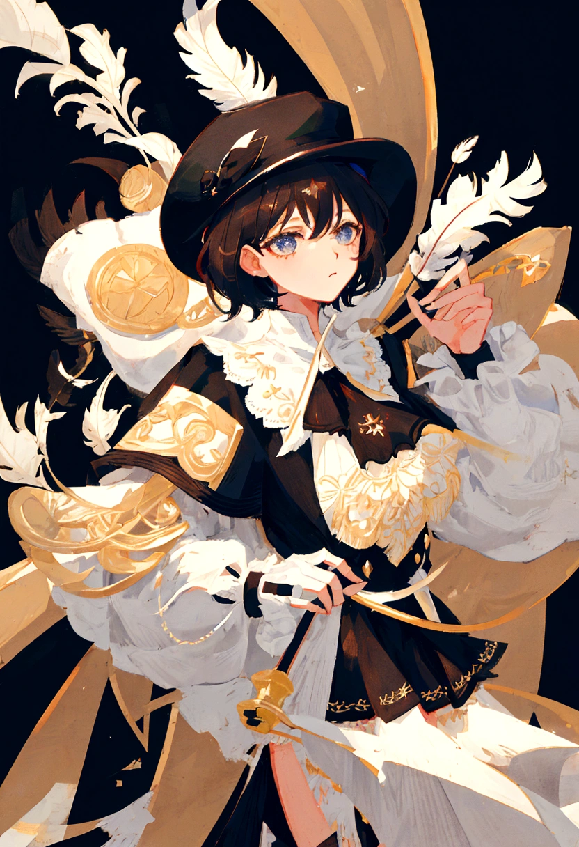 Girl,short hair,black cavalier hat with a white feather,black capelet,holding a cane