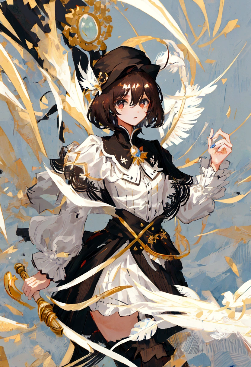 Girl,short hair,black cavalier hat with a white feather,black capelet,holding a cane