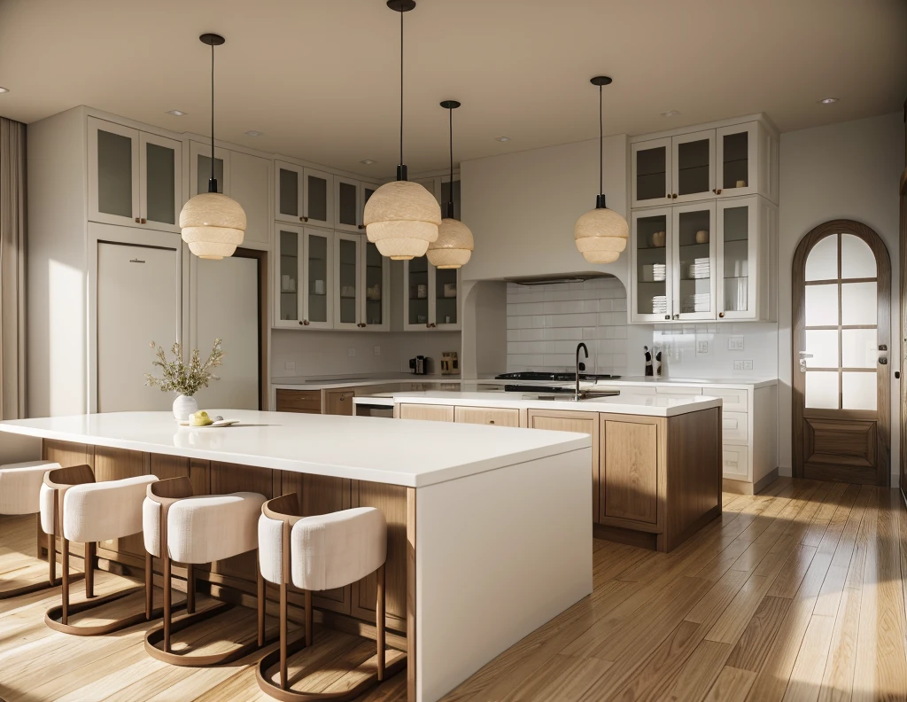 kitchen design, Super sharp like photos taken with a professional camera, (Masterpiece,best quality,8k uhd,dslr,soft lighting,high quality,hyper detail,film grain,Fujifilm XT3, UE 5 render 8k, super high resolution, supper detail:1.2), color block wall decor, abtract poster decor, glossy floor, (((volumetric light)))