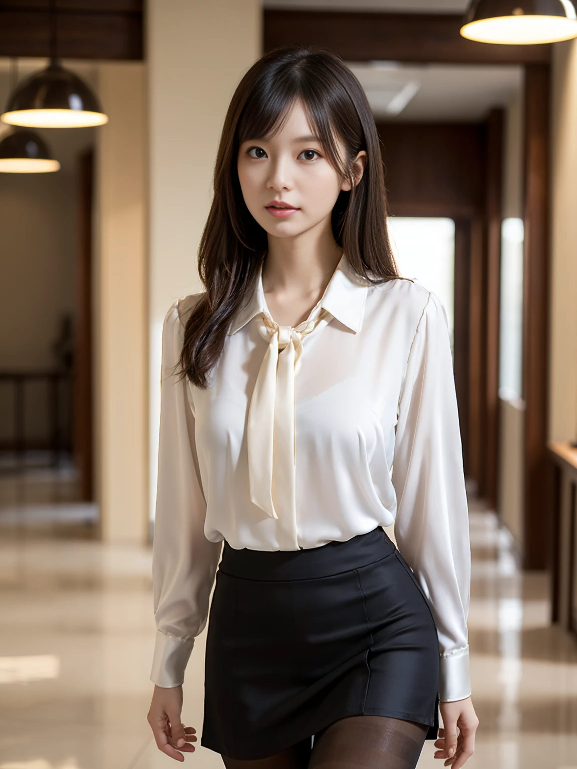 Classy upper class elite secretary in luxury silk blouse, Skirt and thighs、27 years old、height 162cm、Walking down the hallway、Office uniform, (Glossy Pantyhose,Realistic pantyhose)、Working in the office、Wearing an ultra-thin satin blouse, Wear high-quality high heels、 Girl in blouse, Wearing an elegant blouse, When you wear a very thin blouse, Businessman, Blouse and skirt, Wearing a silk blouse, Wear a shirt and skirt, RAW Photos, (8K、Highest quality、masterpiece:1.2)、(Intricate details:1.4)、(Photorealistic:1.4)、Octane Rendering、Complex 3D rendering with ultra-detail, Soft studio light, Rim Light, Vivid details, Super Detail, Realistic skin textures, Face in detail, Beautiful details in the eyes, Highly detailed CG Unity 16k wallpaper, compensate, (Detailed Background:1.2), Exposed thighs!!!Erotic~!!!!