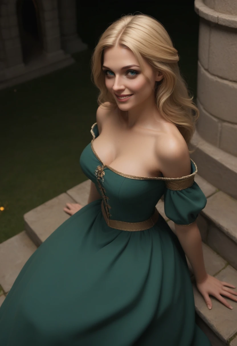 score_9, score_8_above, score_7_above, 1girl, large_breasts, royal_garden, medieval_castle, elegant_green_dress, off_shoulder_dress, evil_smile, cute_woman, blonde, long_hair, side view, from_above, night, moonlight, cinematic film still, RAW photo, perfect lighting, volumetric lighting, Galadriel, stuning, goddess, blue_eyes