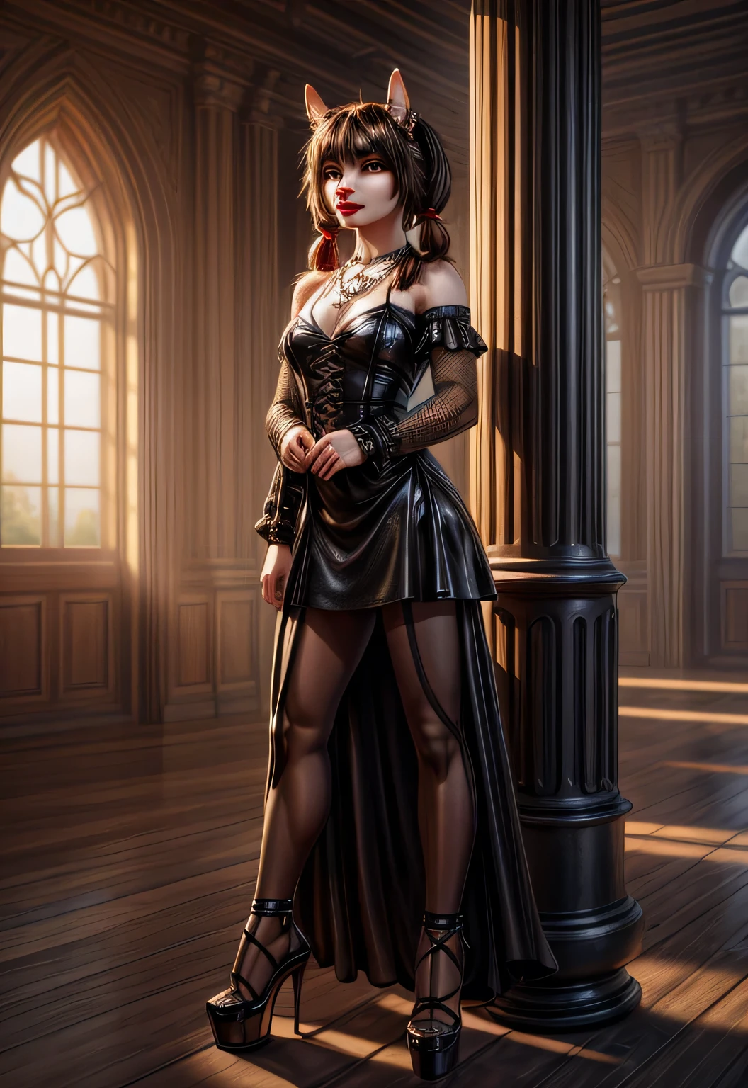 UHD 8k, HDR+, cute Black anthro female horse with a necklace, large piercing brown eyes, huge earrings, giant earrings, Black with pigtails, fluffy horse with a Black fluffy tail, Black leather high heel shoes, High heels, Black gothic dress, Against the background of the field, detailed background, realistic, 1girl, solo girl, 20 year old girl, ultra realistic face, hyperrealistic, hyperdetailed, (looking at viewers), sharpen, detailed face, detailed eyes, detailed lips, red lips, beautiful face, 16k, FHD, raw photo, cute face mesh, pretty face mesh, portrait shot 8