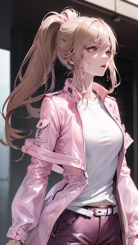 Photograph of the upper body of a beautiful woman, , [see through] ,(pink jacket:1.47),(white shirt:1.47) (big breasts), (small waist, perfect body), Sharp focus, (tall body, mature woman), ((Looking ahead)), (Highly detailed skin, hair follicles:1.4,white skin) (long brown hair,pink eyes) , (Bright face)