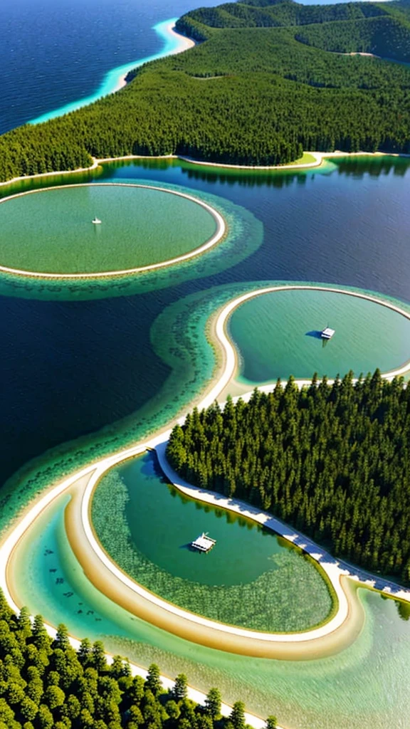 A large, beautiful, realistic lake., Inside the island in the ocean around the forest, Beautiful hotel on the coast, 3D top side view