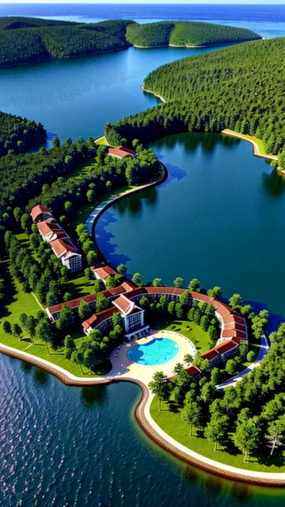 A large, beautiful, realistic lake., Inside the island in the ocean around the forest, Beautiful hotel on the coast, 3D top side view