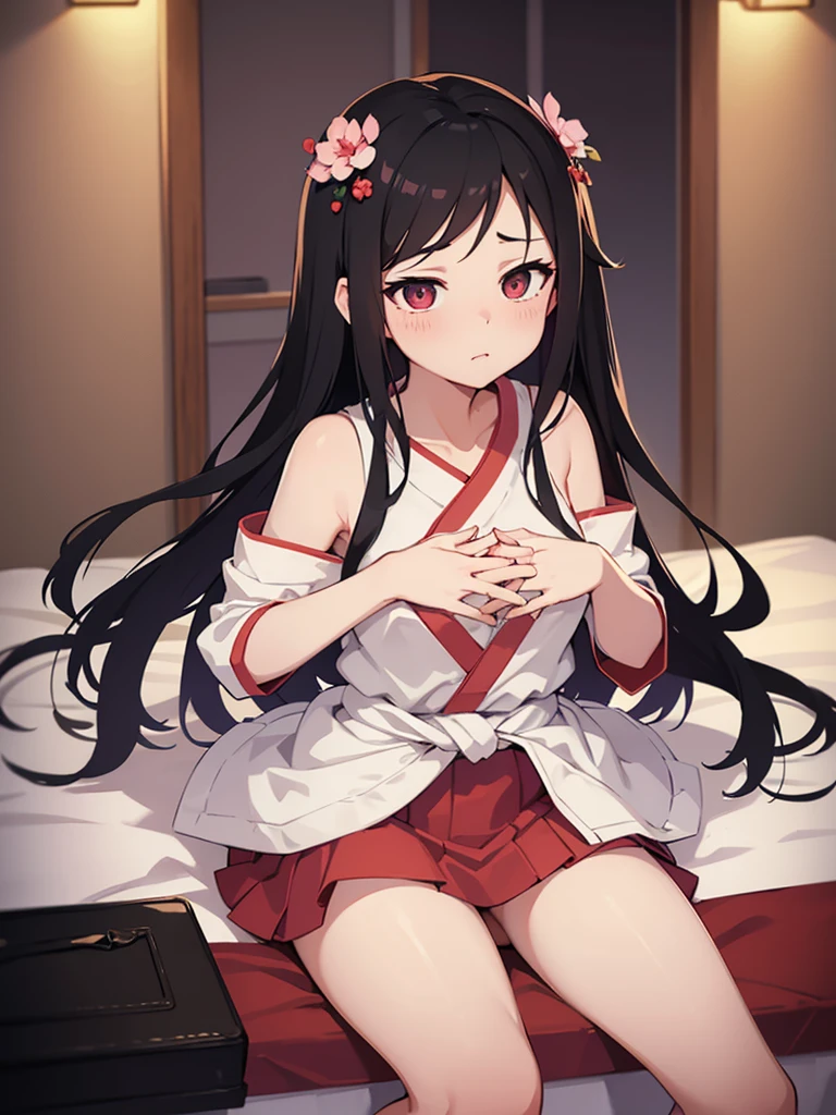 Eastern Project, nezuko sitting on the bed without clothes, hands crossed at the waist and legs open, warm lighting, blurred foreground , cute, change, アニメ, 4K,