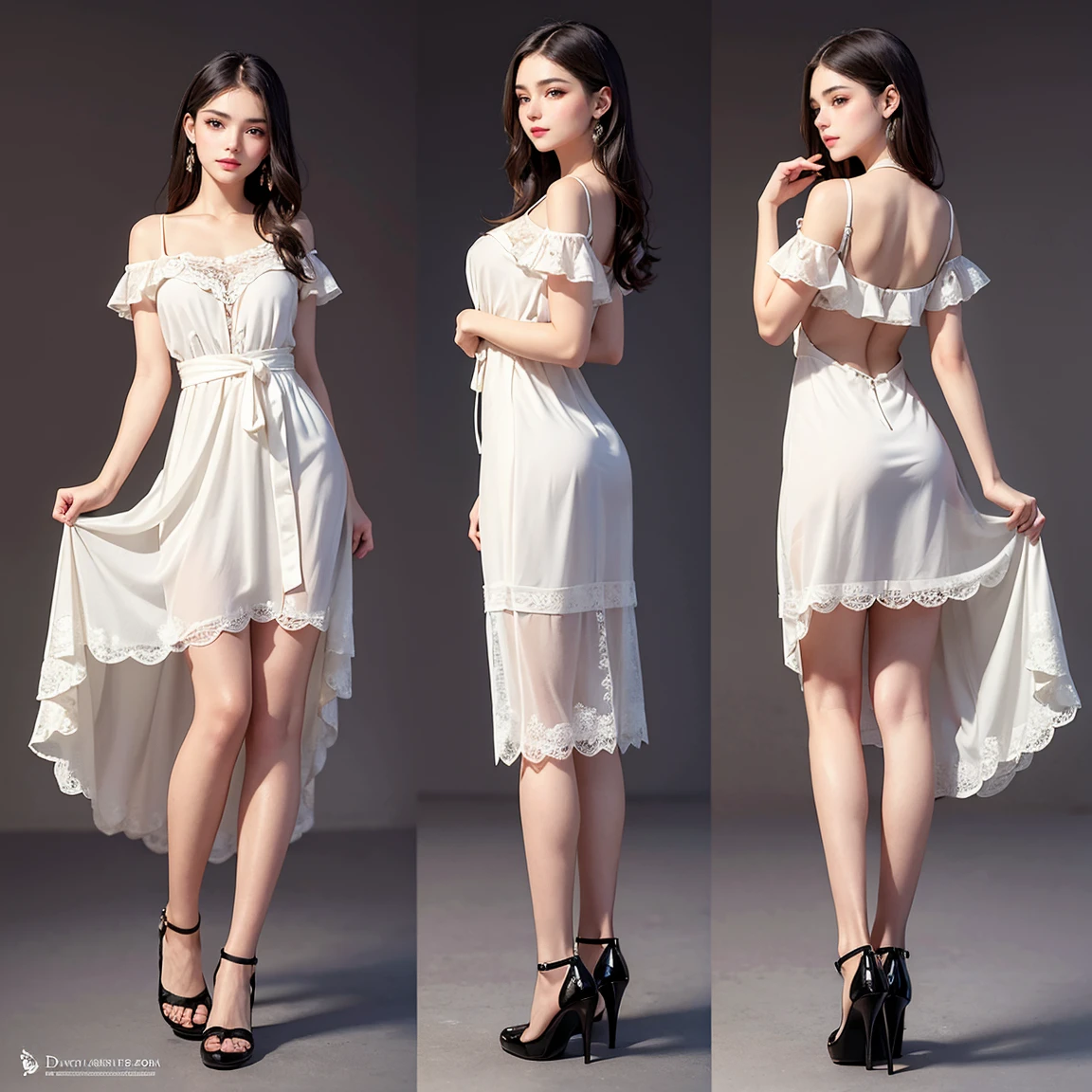 (masterpiece, best quality), ultra detailed, high resolution, 16k, the most beautiful face in the world, perfect face, delicate facial features, highly detailed beautiful face and eyes, shiny skin, highly detailed background, elaborately designed, fine cloth texture, perfect anatomy, BREAK, (gorgeous and stunning teenage girl in casual clothes:1.2), perfect make-up, deeply in love, full of elegance, (full body:1.5), seductive pose, (three view drawing, front and back and side, character sheet:1.3)