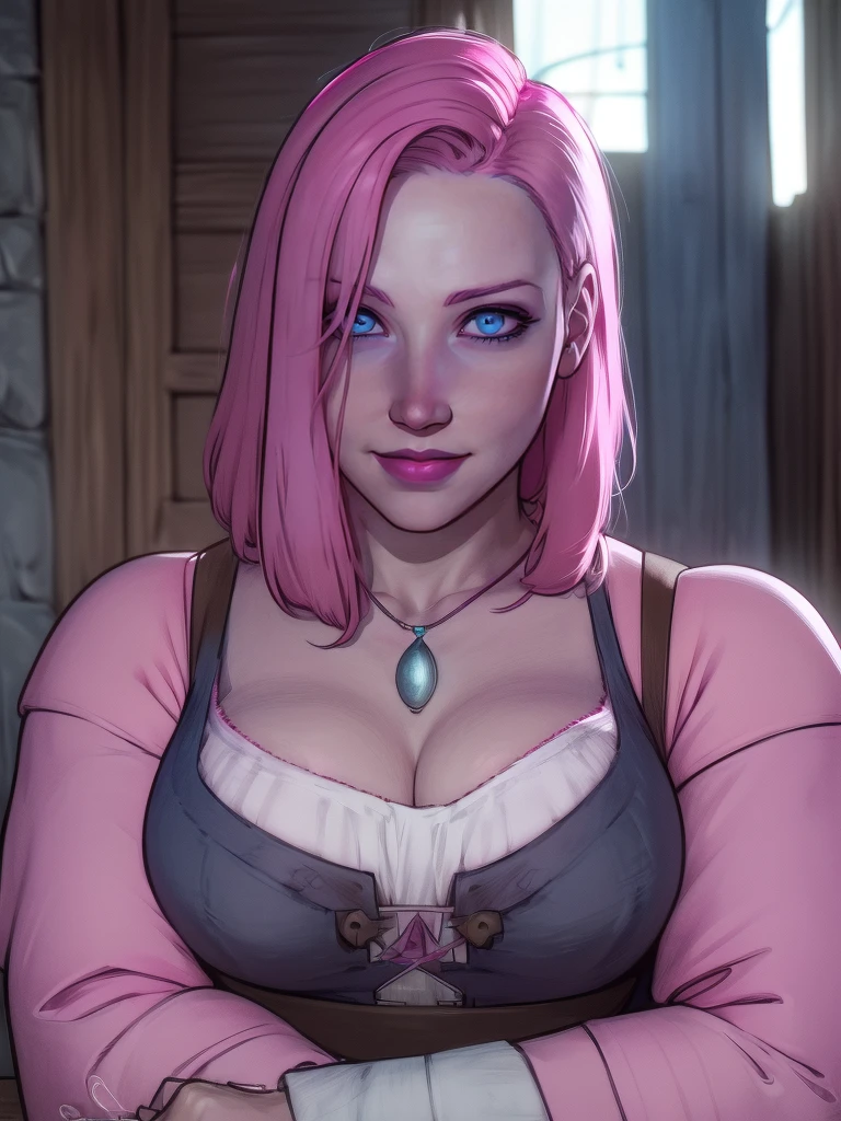 solo, (((Madeleine))), attractive female face, blue eyes, ((pink hair)), ((hair over one eye)), intense happiness expression, smile, dress, cleavage, necklace, large breasts, corset, long sleeves, a necklace around her neck, outdoors, marketplace, fantasy, | (8k, RAW photo, best quality, masterpiece:1.2), ultra-detailed, (high detailed skin:1.2), 8k uhd, dslr, soft lighting, high quality, (centered:1.2), ((LOOKING at the VIEWER)), asura, film grain, highly detailed shading, ((perfect_hands):1), Goodhands-beta2, Detailed eyes, perfect face, perfect eyes, Detailed face, ((a manga drawing by Kentaro Miura)),