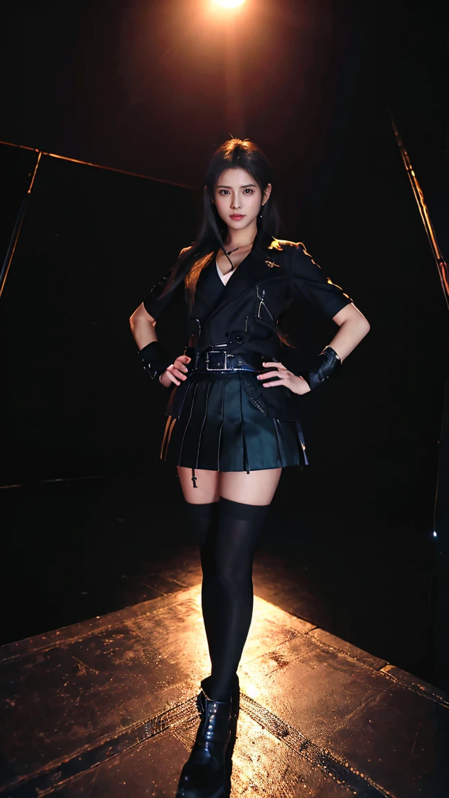 (8K、RAW Photos、Highest quality、masterpiece:1.2)、(Realistic、Realistic)、1 Girl、((Black coat、one piece、黒のミニskirt、tights、skirt、Big Breasts、whole body、stage、Spotlight、View from the front、Looking into the camera、Stand with one hand on your hip))、