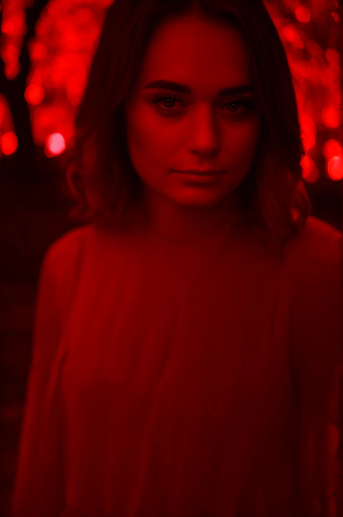 woman  20 years young, European,  longViolet dress,
 ([Jacqueline( :0)Bisset|sarah james|katy( :0)perry]:0.9) closeup
red light portrait, red theme, monochrome,  (City park and autumn leaves falling at background:0.8),
highres, high quality, high resolution, hd, 4k, masterpiece, realistic,