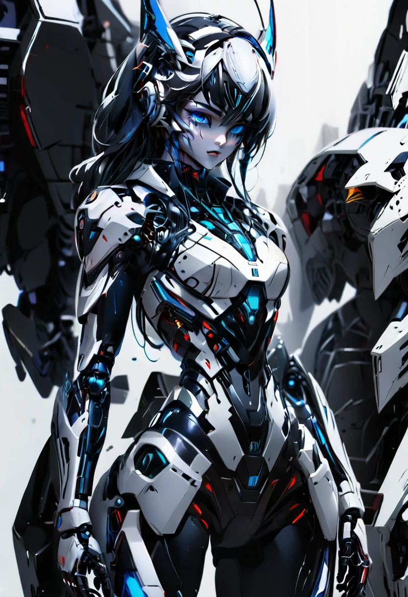 Badass girl in Black and white suit. Blue eyes. Hyperrealistic. Badass. Robotic. Full body. Sexy pose.
