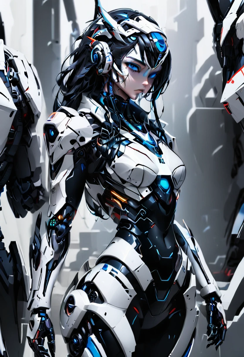 Badass girl in Black and white suit. Blue eyes. Hyperrealistic. Badass. Robotic. Full body. Sexy pose.