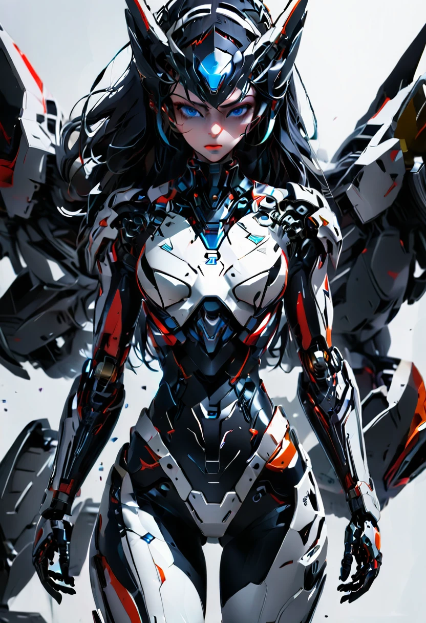 Badass girl in Black and white suit. Blue eyes. Hyperrealistic. Badass. Robotic. Full body. Sexy pose.