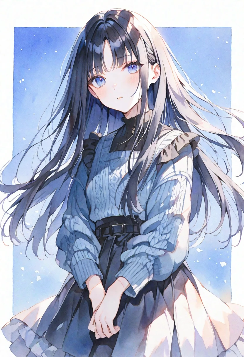 solo, Watercolor,
1. Female,
Hime cut,Straight Hair,long Hair, black hair, 
blue Eyes,Soft look,Lolita,18 years old,
black ワンピース,Thin knit,stylish,
skin,
blue background,
