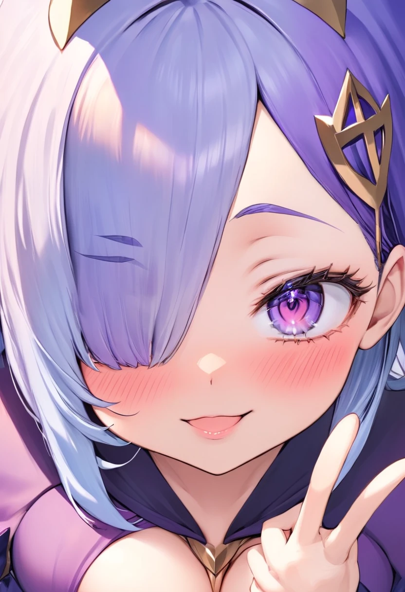 close-up, 1girl, light white skin, one-side hair bangs, blue-violet hair colour, blushing, peace sign, black and purple skimpy mage costume, winking